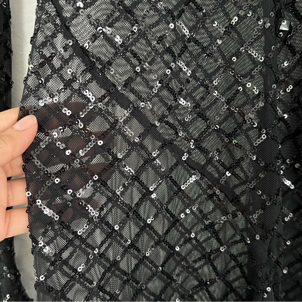 Mew Mews Statement Dress Black Sequins Sheer Jumpsuit With Gloves Size SMALL NWT - Picture 3 of 16